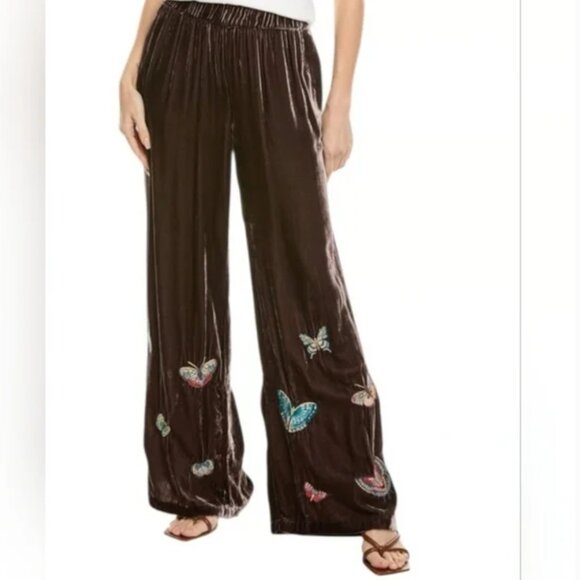 Johnny Was NWT Velvet Wide Leg Pants butterfly embroidery Brown size XXL - Picture 1 of 8
